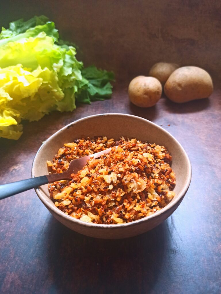 Knusprige Vegane Butterbrösel aus Schalotte, Panko und Sesam